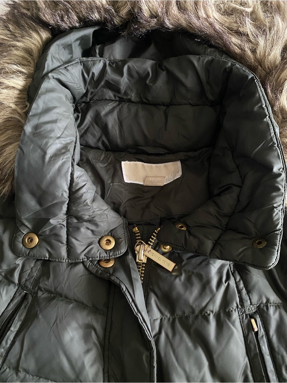 Michael Kors Down Filled Long Puffer Coat Faux Fur Hood Black Size L Excellent - Picture 3 of 10
